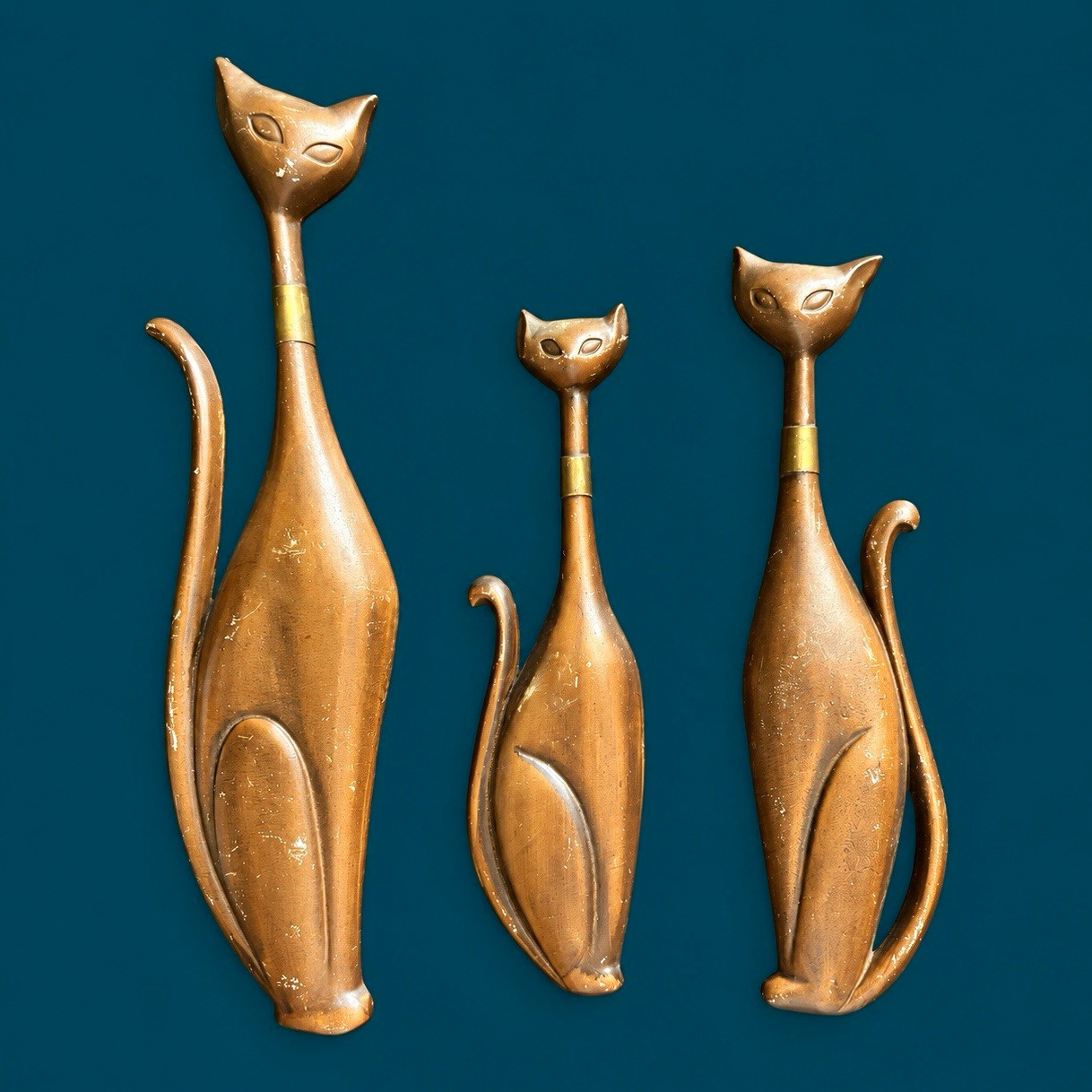 Sexton Set of 3 Gold Cast Metal Cat Wall Figurines Signed Mid-Century Modern Sexton Set of 3 Gold Cast Metal Cat Wall Figurines Signed Mid-Century Modern