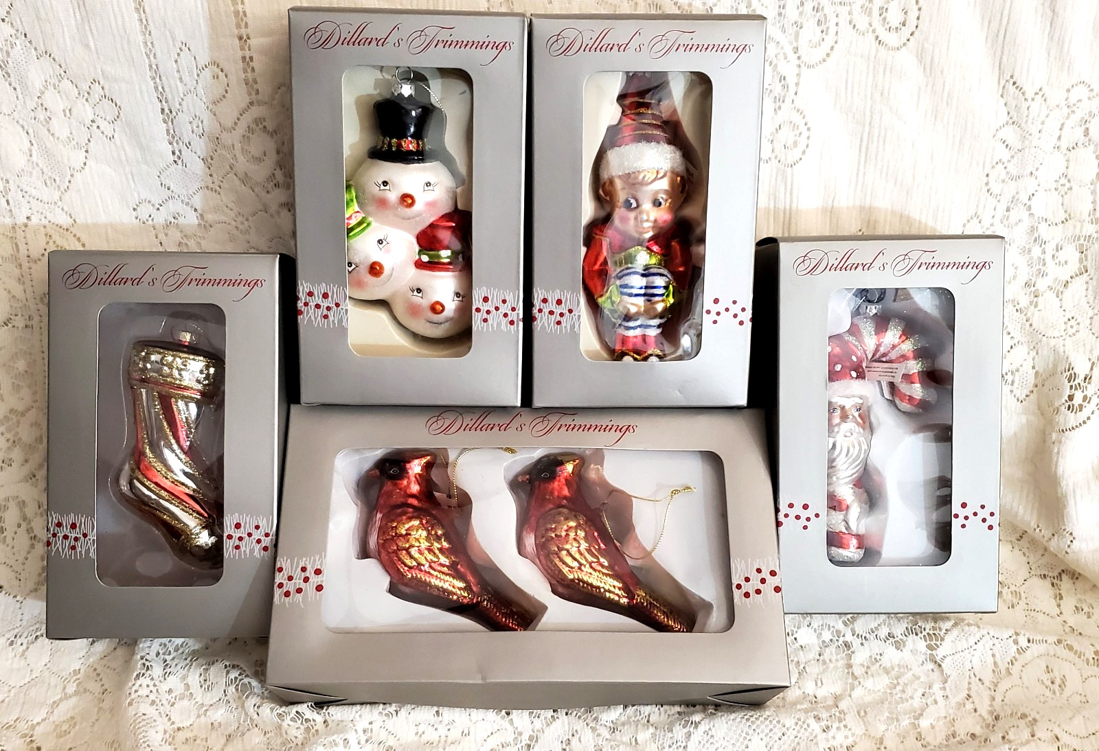 Lot of 6 Dillard's Trimmings Hand Blown Glass Christmas Ornaments NIB Lot of 6 Dillard's Trimmings Hand Blown Glass Christmas Ornaments NIB