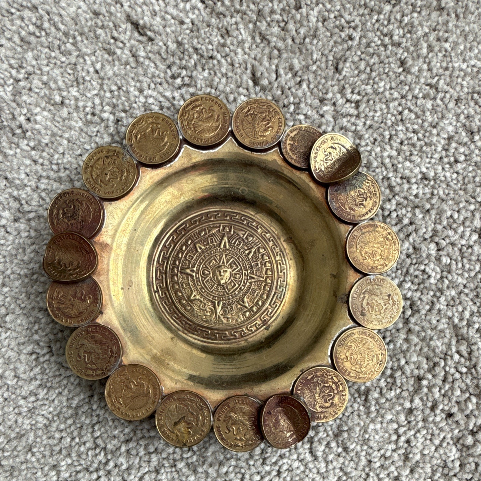 Handmade Vintage 1978 Mexican Coin Ashtray Dish - Brass Aztec Calendar