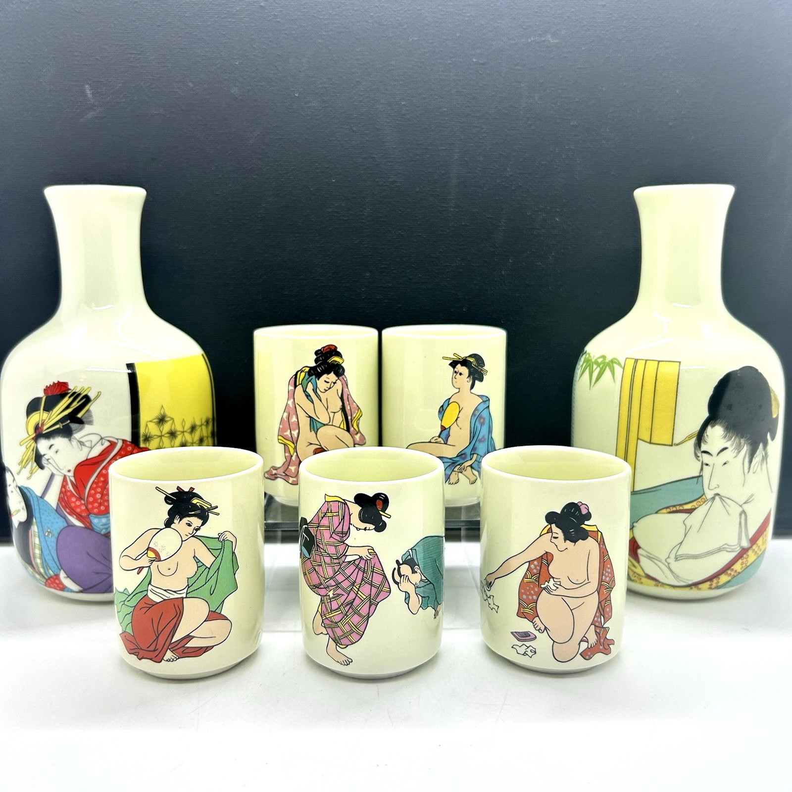 Vtg Japanese Shunga Porcelain Bathing Geisha Girls Sake Set Carafes + Cups Vtg Japanese Shunga Porcelain Bathing Geisha Girls Sake Set Carafes + Cups