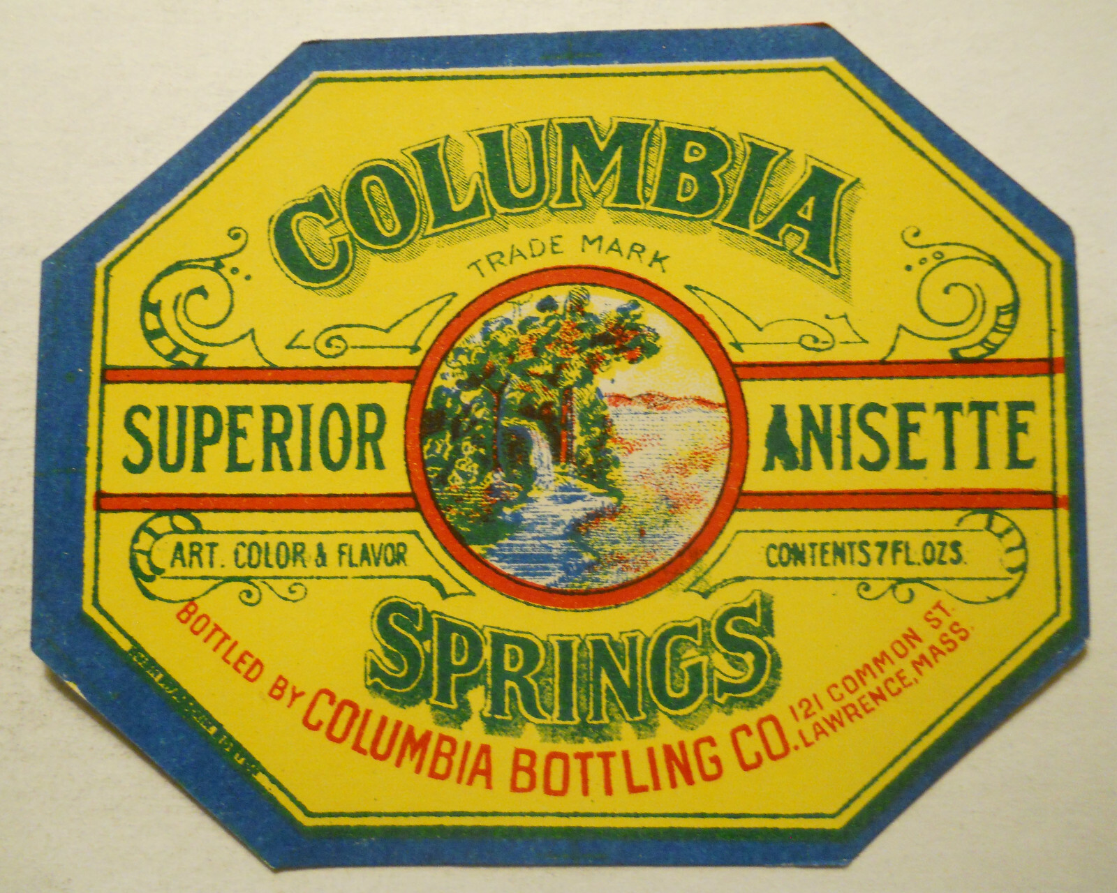 ca 1900's'Columbia Springs Superior Anisette (Lawrence, MA) bottle label ca 1900's'Columbia Springs Superior Anisette (Lawrence, MA) bottle label