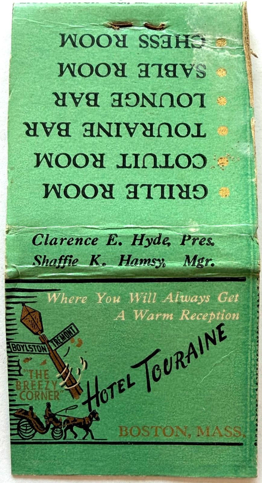 1930s Hotel Touraine Bar Restaurant Matchbook Vintage Boston Massachusetts