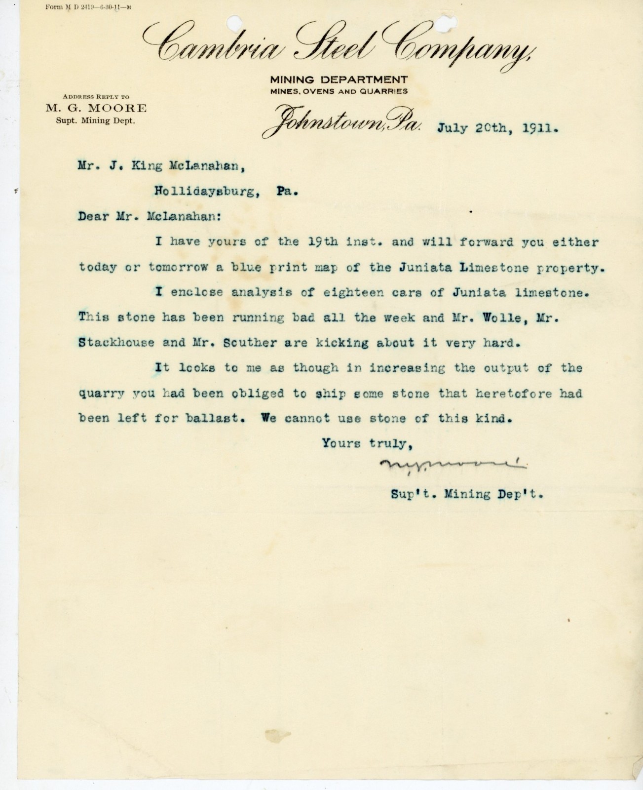 1911 Cambria Steel Co Letterhead Johnstown PA Mining Dept Juniata Limestone