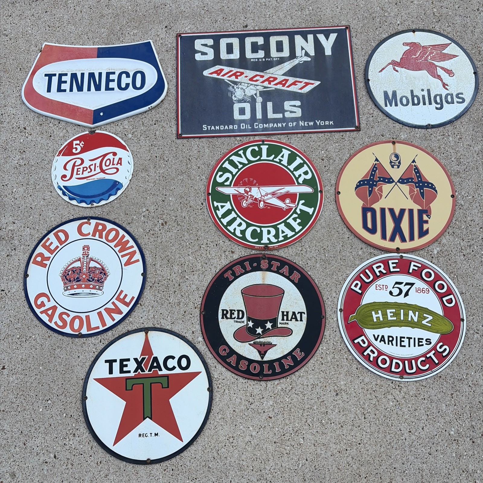 Lot of 10 Porcelain Style Advertising Signs Gas Oil Pepsi Texaco Mobil Sinclair
