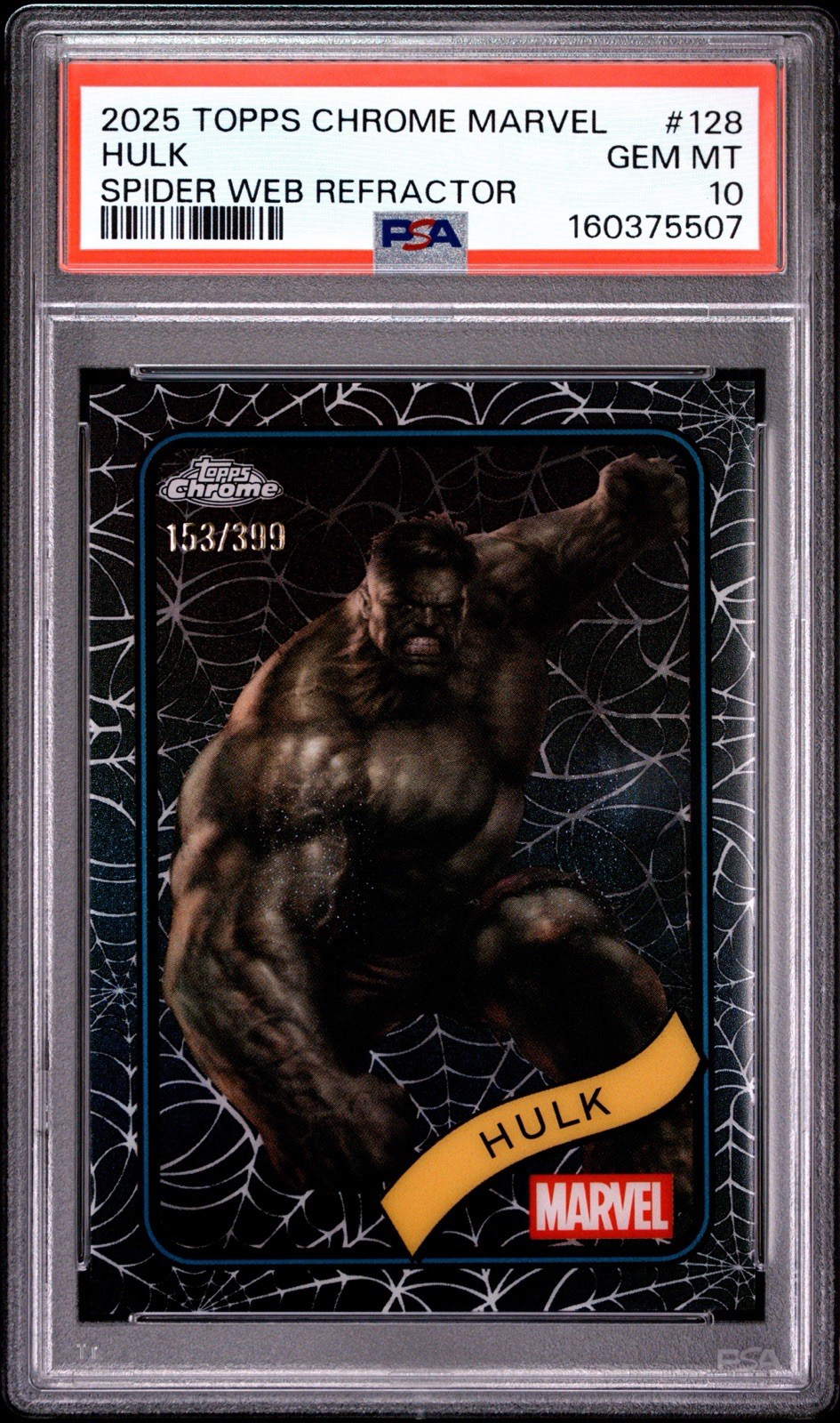 Topps 2025 Topps Chrome Marvel Hulk #128 Spider Web Refractor /399 PSA 10 Topps 2025 Topps Chrome Marvel Hulk #128 Spider Web Refractor /399 PSA 10
