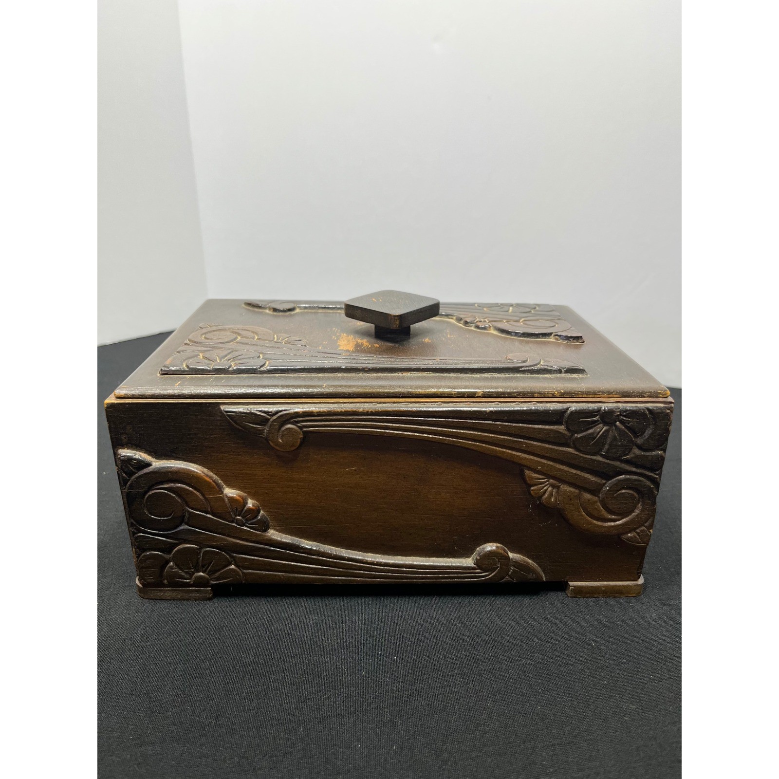 Vintage Hand Carved Wood Jewelry Box Art Nouveau Floral Glass Lined Chest