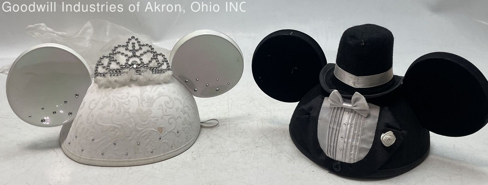 Disney Mickey Mouse Wedding Bride Groom Ear Hat Set 2PC White Black Veil Tiara