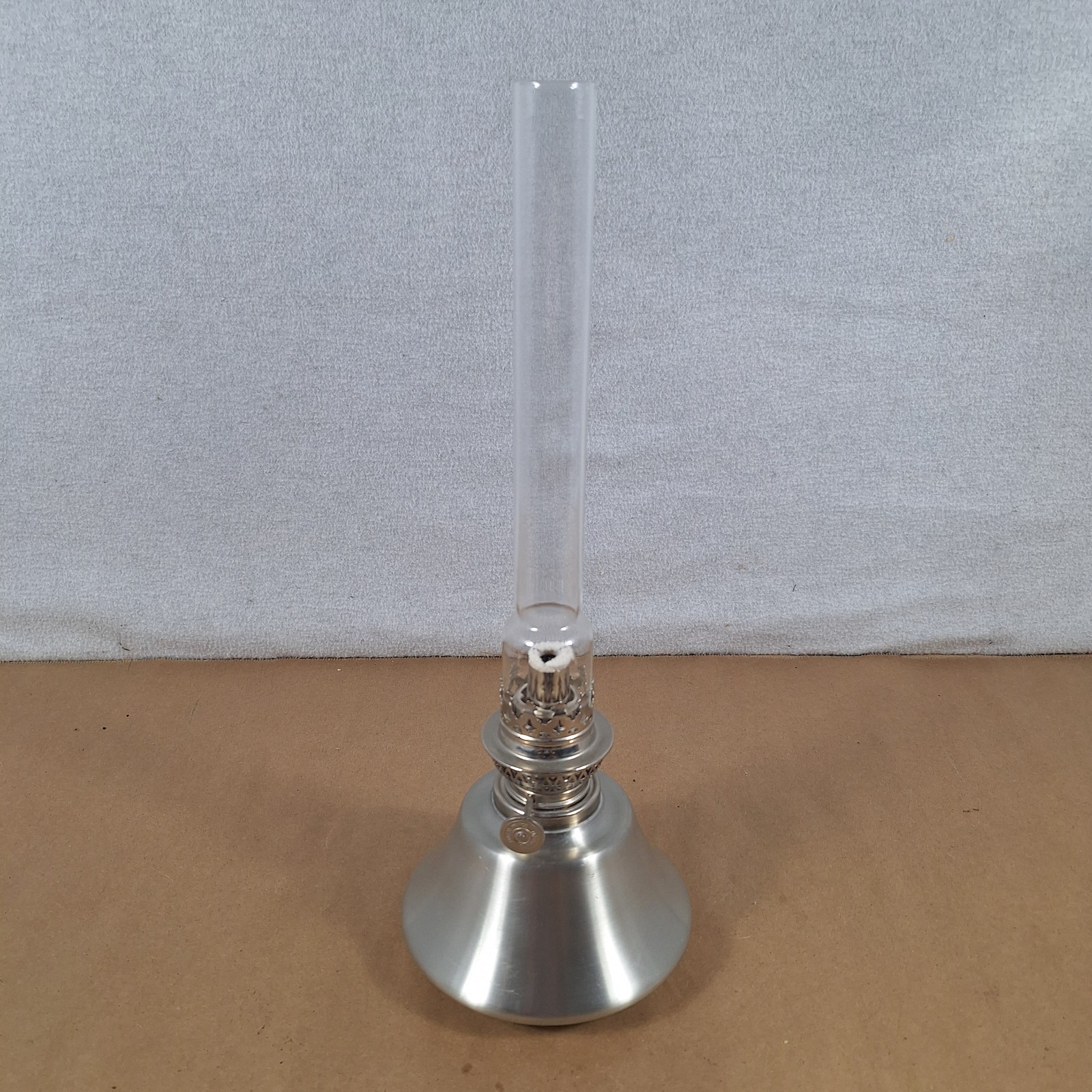 Fred Danforth Signed Pewter Lodge Oil Lamp w/ Glass Chimney 10” Tall Fred Danforth Signed Pewter Lodge Oil Lamp w/ Glass Chimney 10” Tall