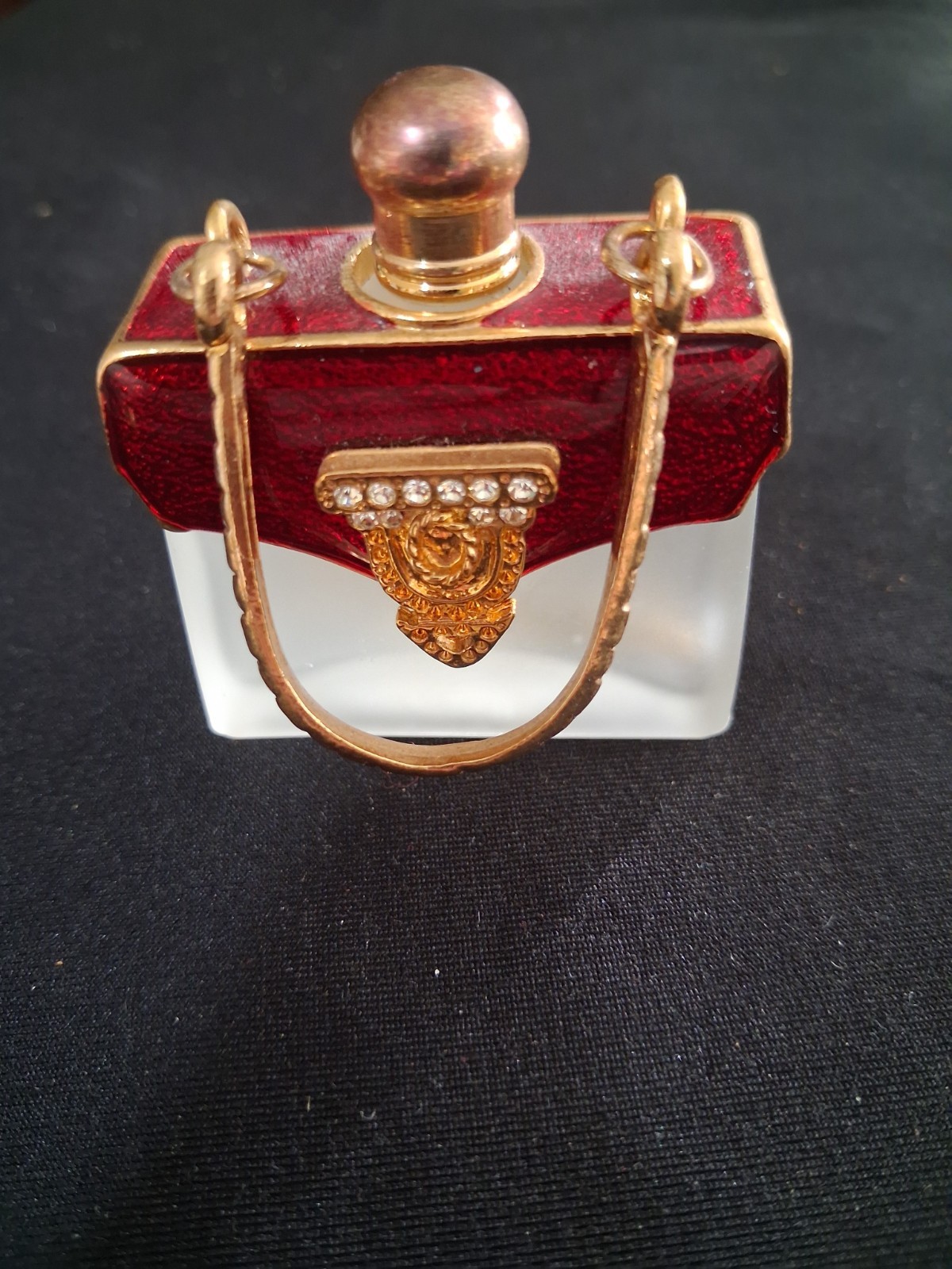 Vintage Rucci Red Handbag Shaped Perfume Bottle gold trim and crystal Vintage Rucci Red Handbag Shaped Perfume Bottle gold trim and crystal