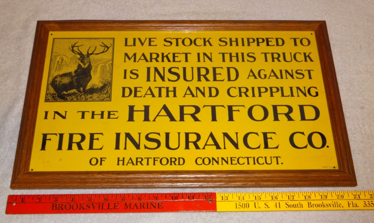 VINTAGE ANTIQUE HARTFORD FIRE INSURANCE AGAINST DEATH CRIPPLING DEER METAL SIGN VINTAGE ANTIQUE HARTFORD FIRE INSURANCE AGAINST DEATH CRIPPLING DEER METAL SIGN
