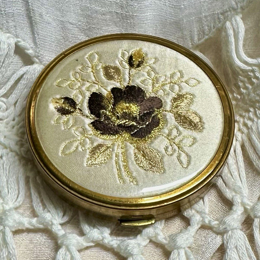 Vintage 50s Convertible Embroidered Floral Brass Compact Margaret Rose Mirror 
