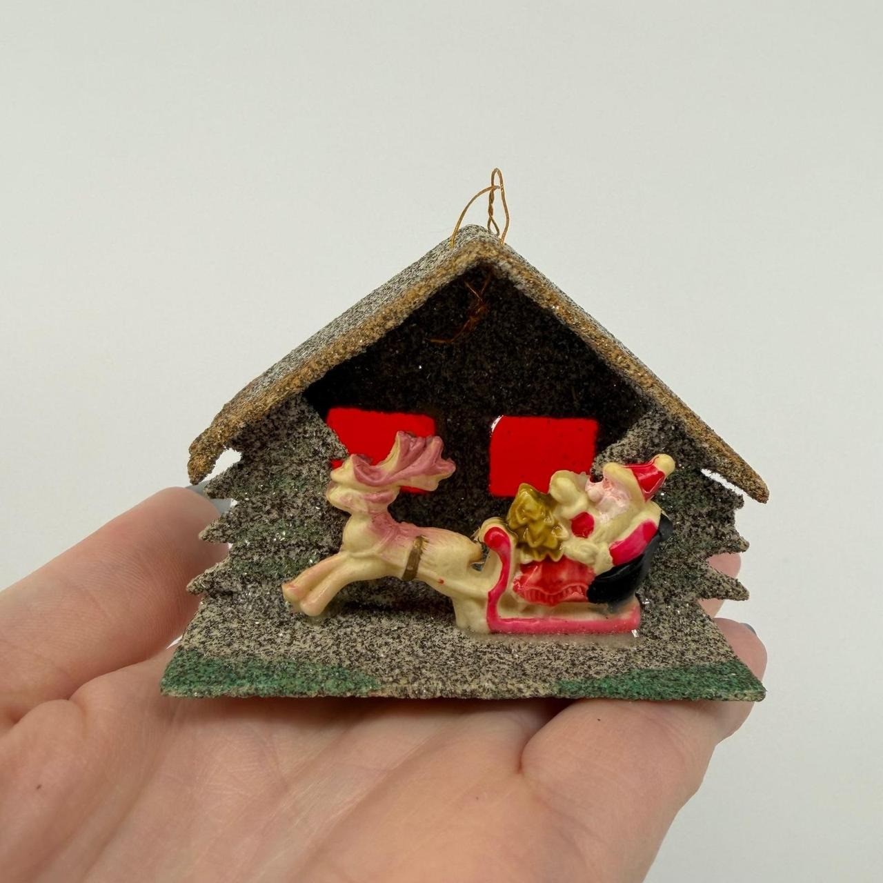 Vintage Putz House Ornament Unisex OS Brown Good Santa Sleigh Reindeer Glitter