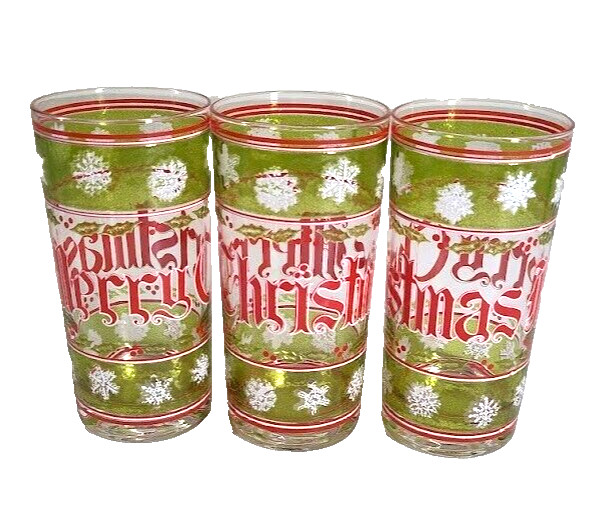 3 Vtg Libby Alcohol Drinking Tumblers Glasses Merry Christmas Snowflakes