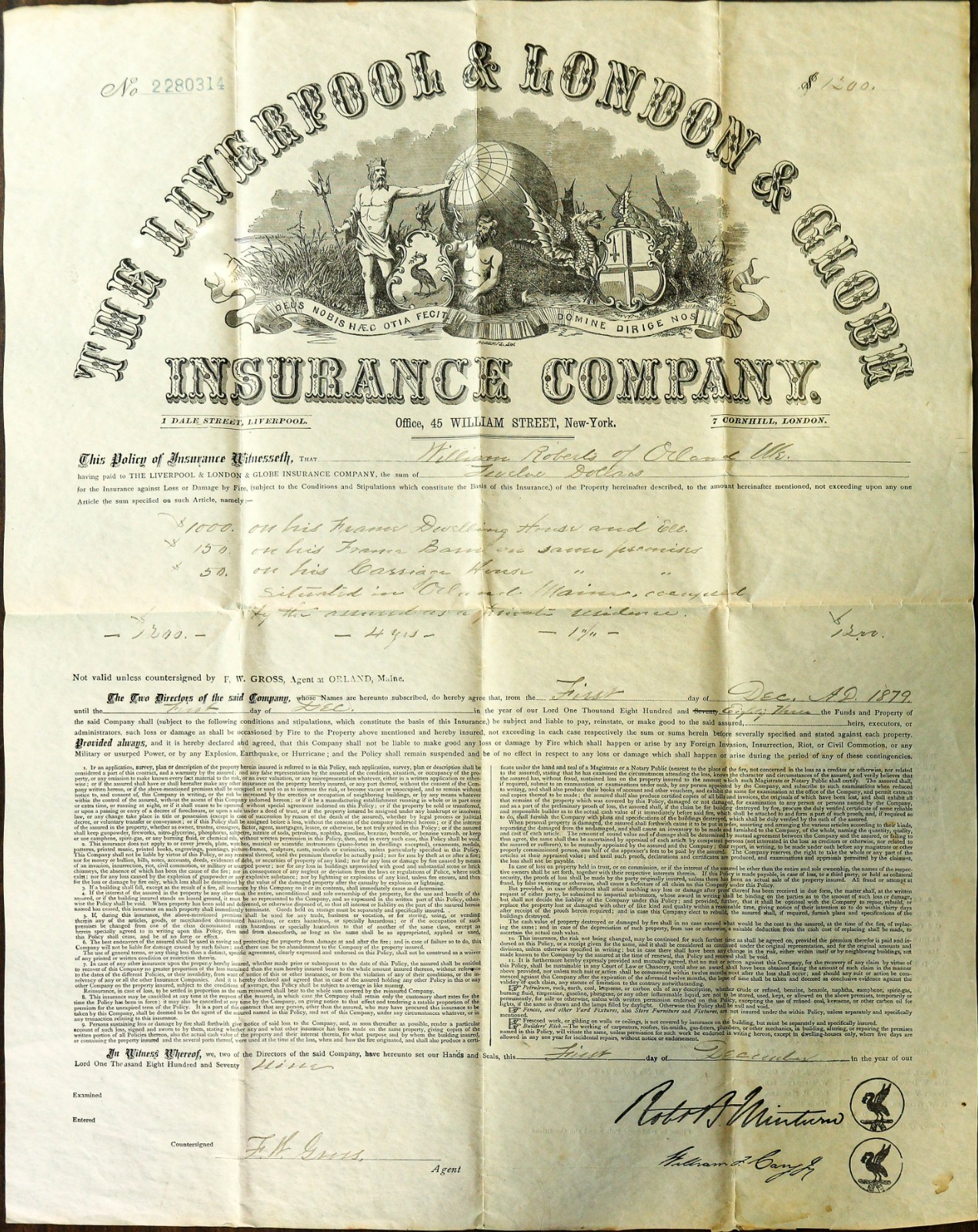 1879 Liverpool & London & Globe Insurance Company Orland, Hancock County, Maine 1879 Liverpool & London & Globe Insurance Company Orland, Hancock County, Maine