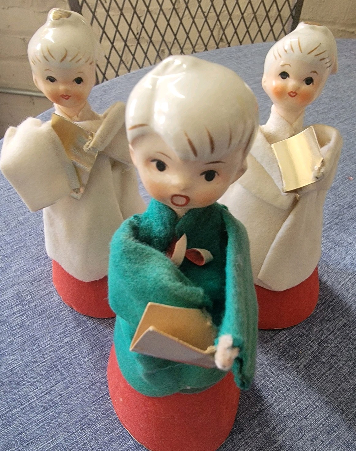 3 MCM Vintage Christmas Holt Howard Choir kids Set Felt with Ceramic Head Japan 3 MCM Vintage Christmas Holt Howard Choir kids Set Felt with Ceramic Head Japan