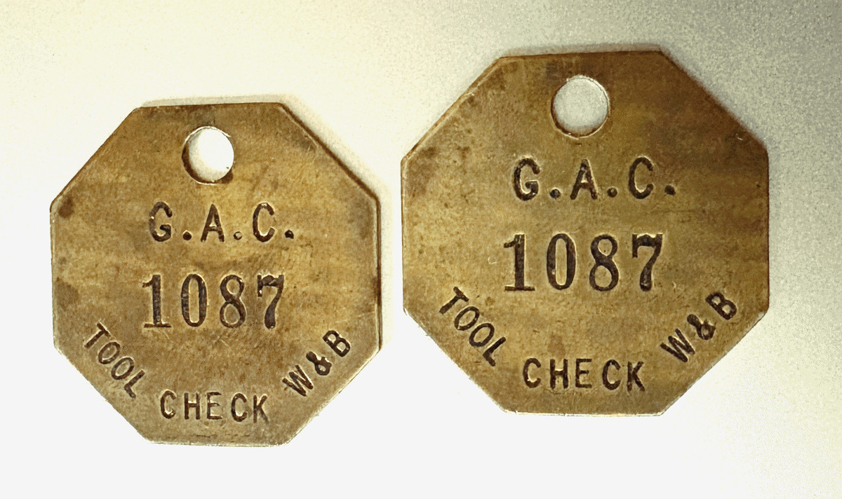 2 GOODYEAR AEROSPACE CORP Tool Check Brass Tags: Wheel & Brake Division 2 GOODYEAR AEROSPACE CORP Tool Check Brass Tags: Wheel & Brake Division