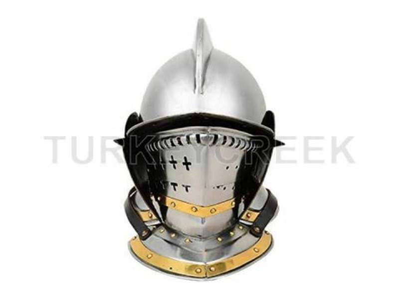18G Medieval Warrior Knight Burgonet Armour Helmet w/Brass Accents - SILVER