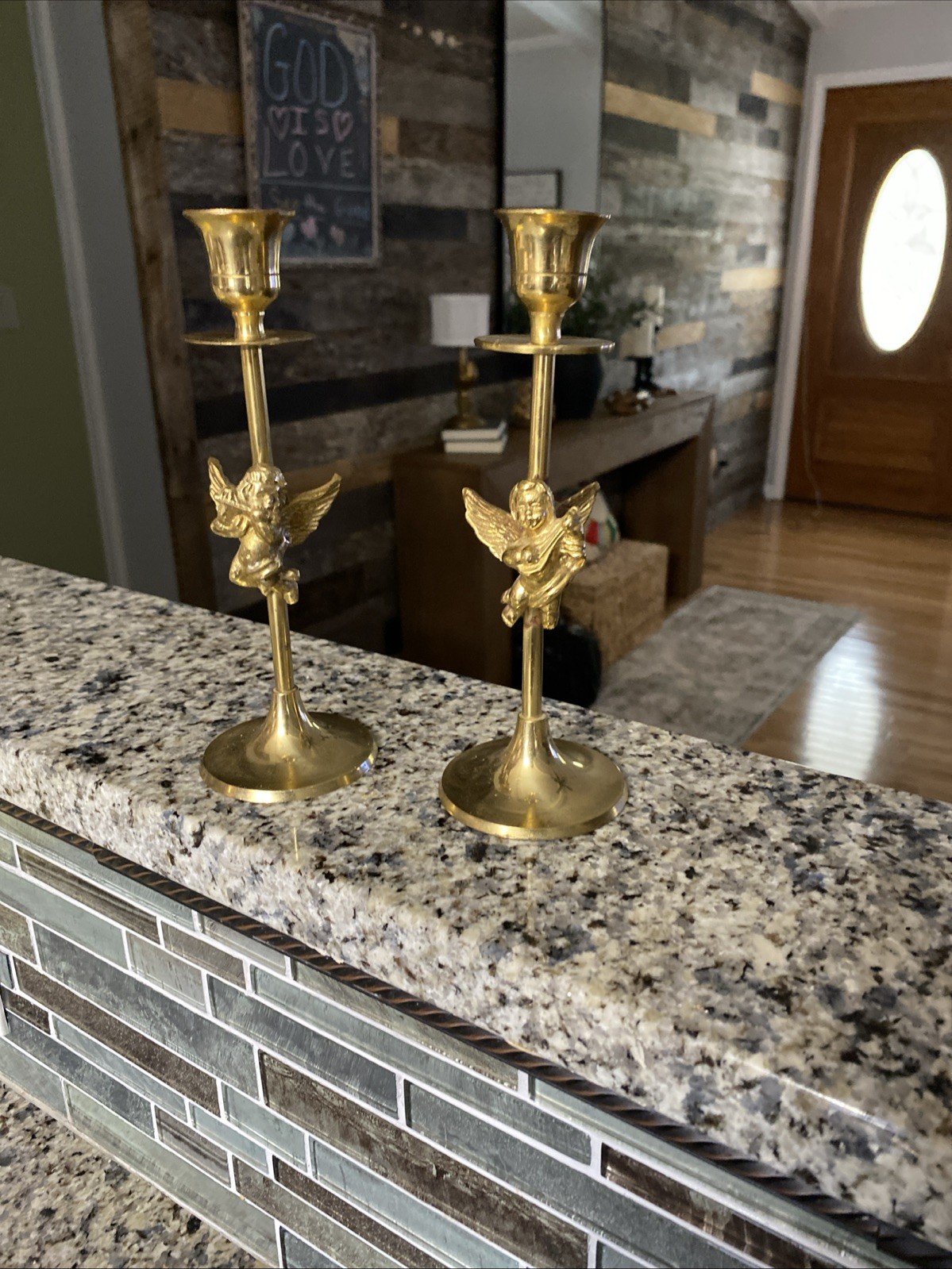 Vintage Pair Brass Cherub Angel Candlesticks Made in India Musical Putti 7.75”