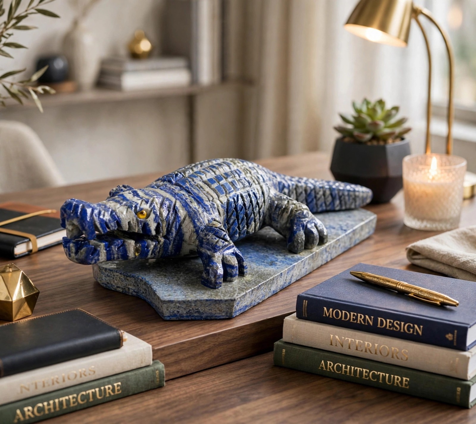 Hand Carved Lapis Lazuli Crocodile Statue-Natural Lapis Alligator Sculpture