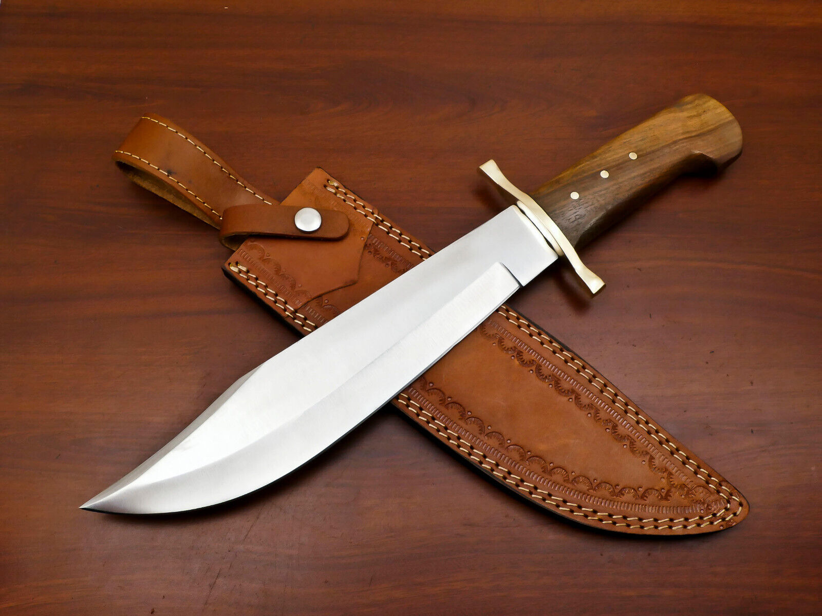 CUSTOM HAND MADE D2 BLADE STEEL BOWIE HUNTING KNIFE- ROSE WOOD/BRASS GUARD