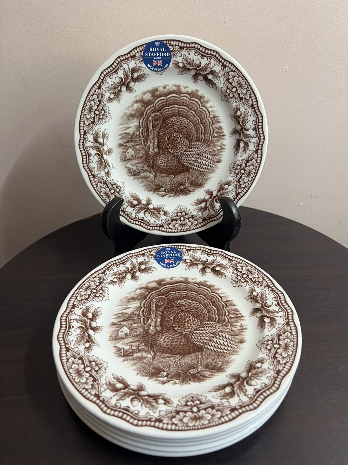 SET/6 ROYAL STAFFORD *HARVEST HOMELAND* THANKSGIVING TURKEY DESSERT PLATES NEW SET/6 ROYAL STAFFORD *HARVEST HOMELAND* THANKSGIVING TURKEY DESSERT PLATES NEW