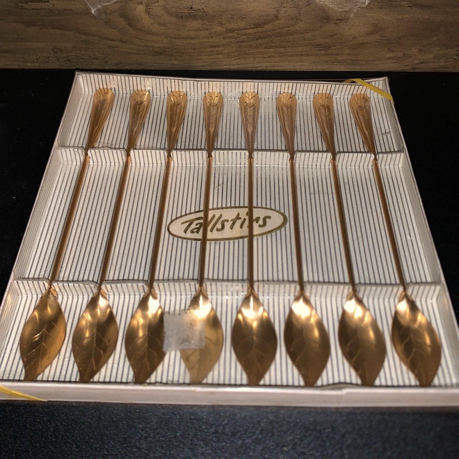 Vtg MCM Aluminum Tallstirs Drink Gold Leaf Stirrers 8 pc NOS Iced Tea Fall Table