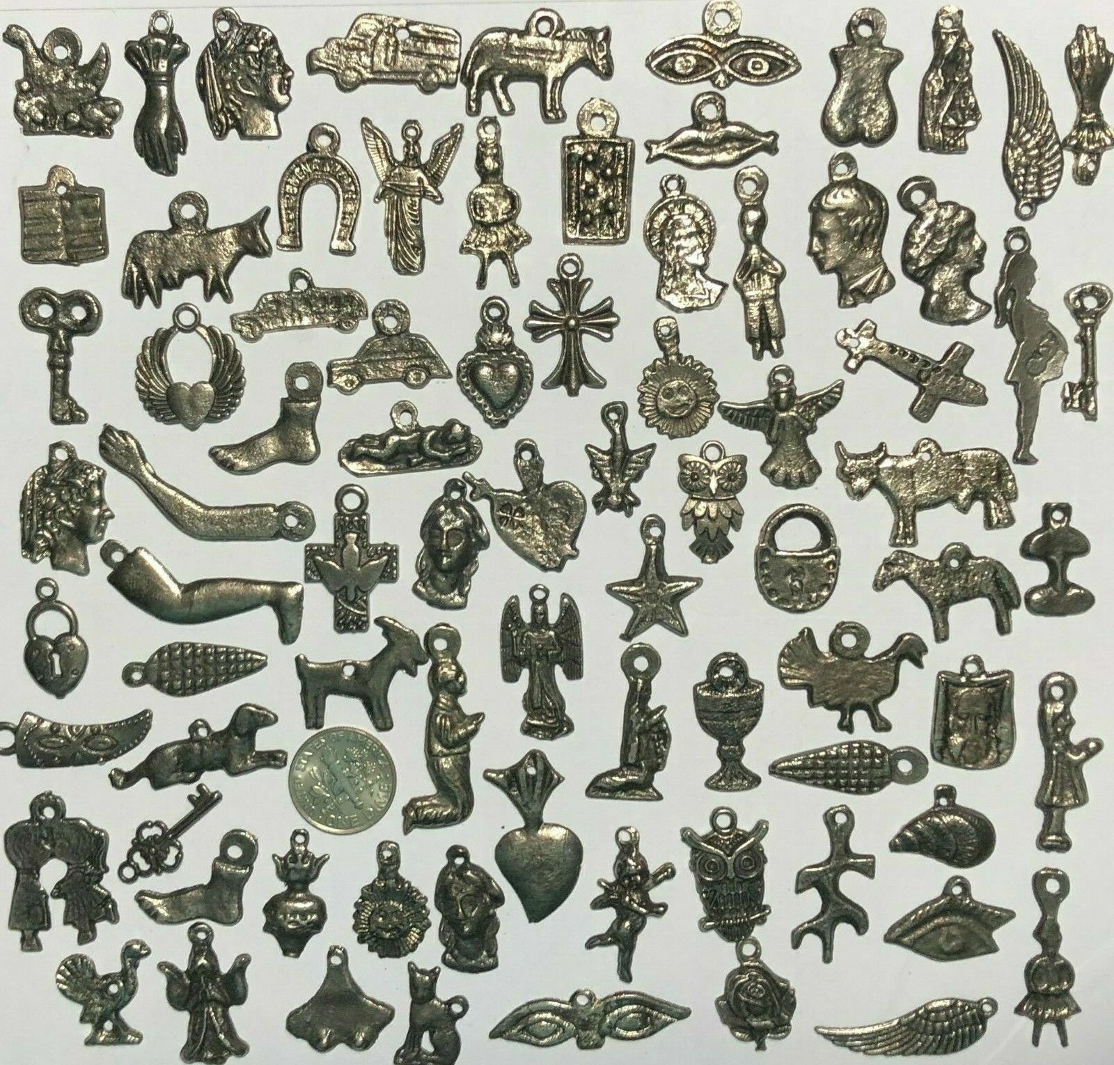 100 Milagro Charms Mexican Folk Art DARK Antique SILVER/BLACK Exvoto Retablo 100 Milagro Charms Mexican Folk Art DARK Antique SILVER/BLACK Exvoto Retablo