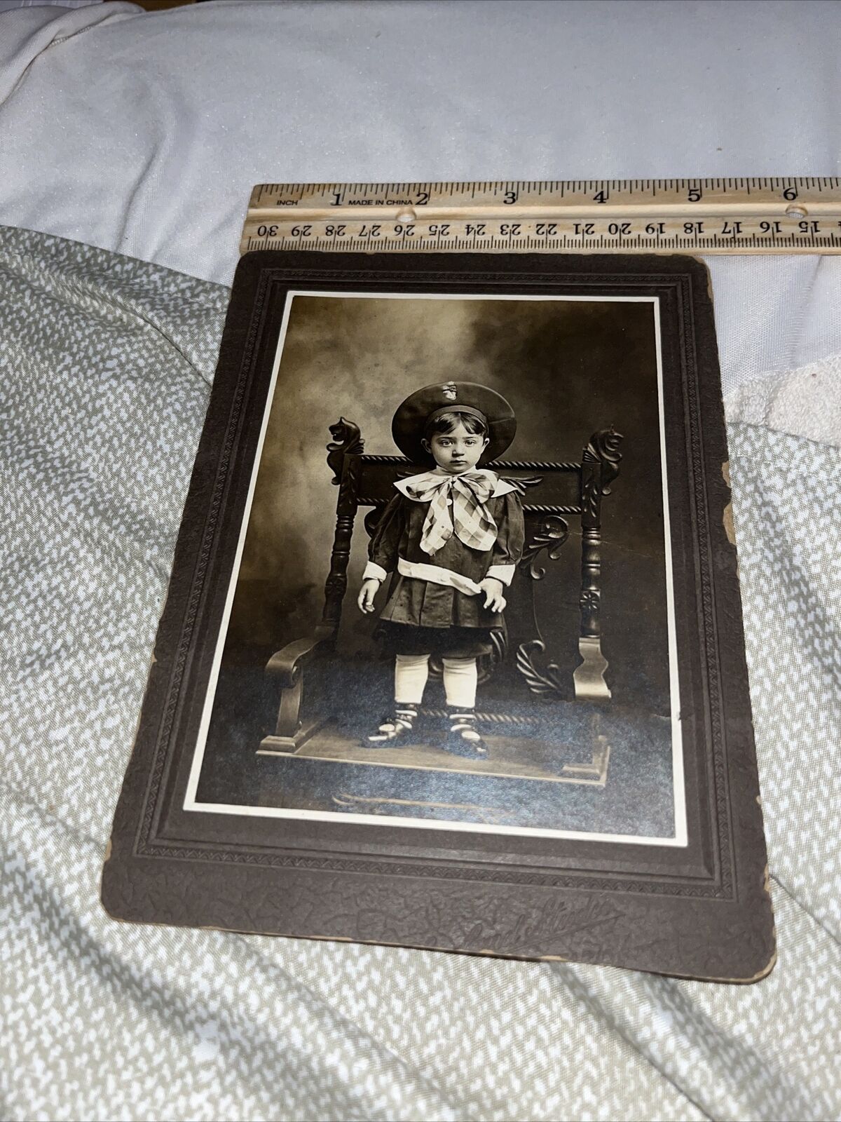 Antique Cabinet Card: Well Dressed Child on Chair - Looks Creepy Ominous Stare