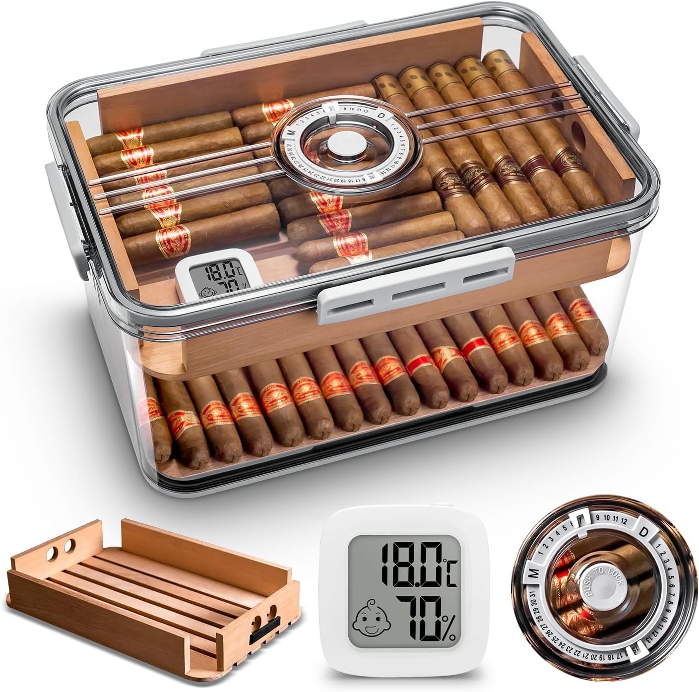 100 Cigar Humidor Clear Acrylic Spanish Cedar Shelf Age Dial Digital Hygrometer