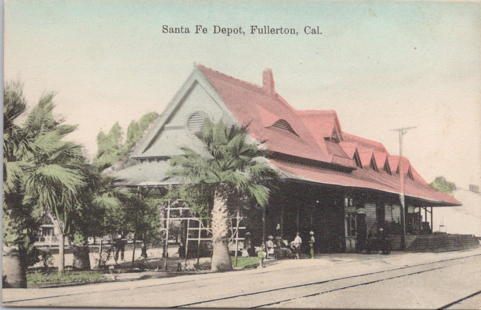 Lithograph Fullerton California Scene at Santa Fe Railroad Depot early 1900s Lithograph Fullerton California Scene at Santa Fe Railroad Depot early 1900s