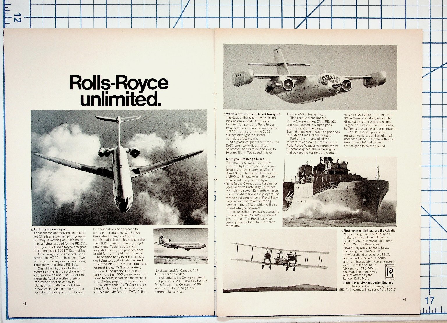 Rolls-Royce Unlimited VTOL Jet Marine Turbine Vimy Biplane 1960s Magazine Ad Rolls-Royce Unlimited VTOL Jet Marine Turbine Vimy Biplane 1960s Magazine Ad