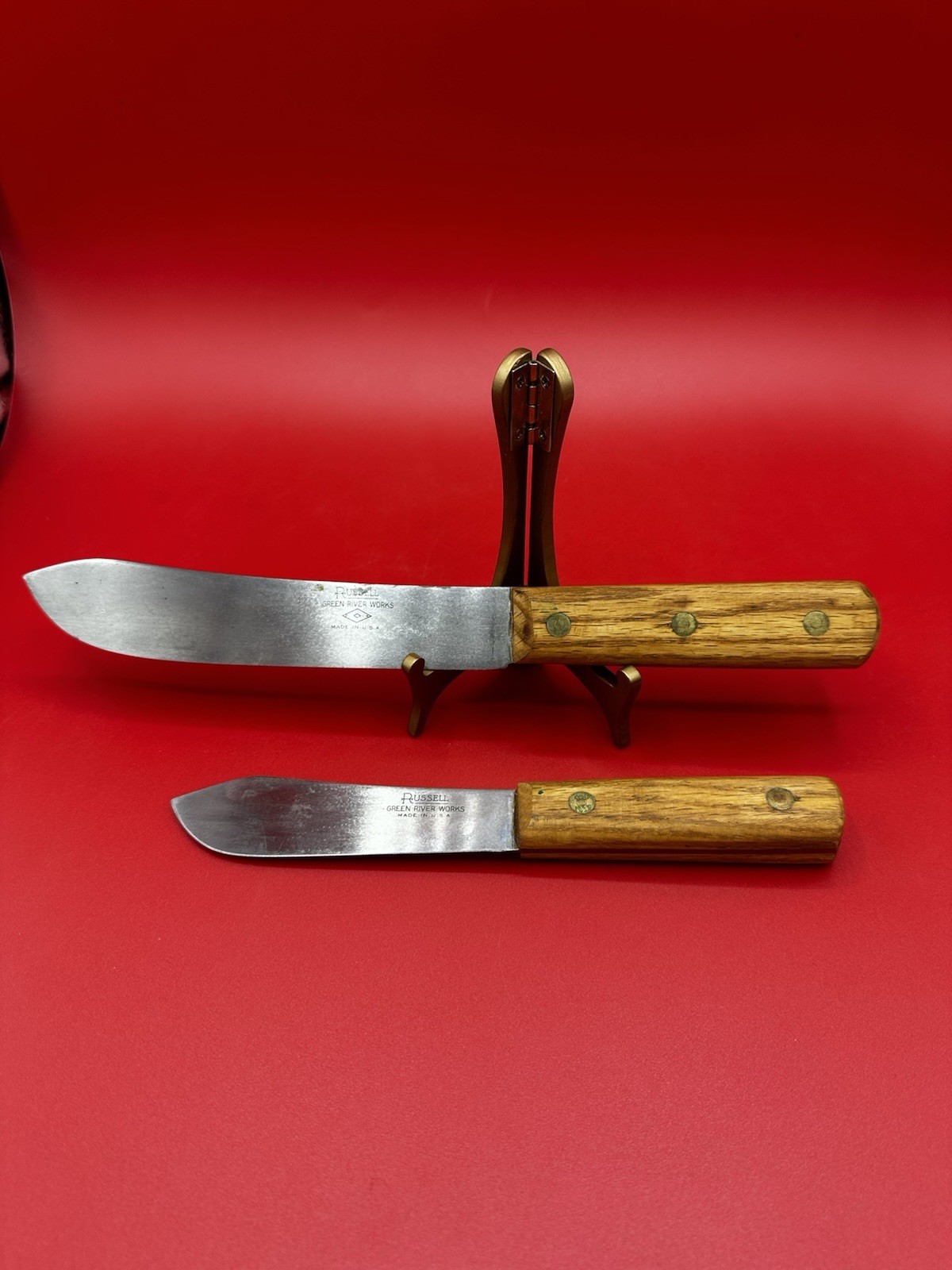 Vintage 1930s-50s Russell Green River Works USA Butcher Skinning Knives Pair