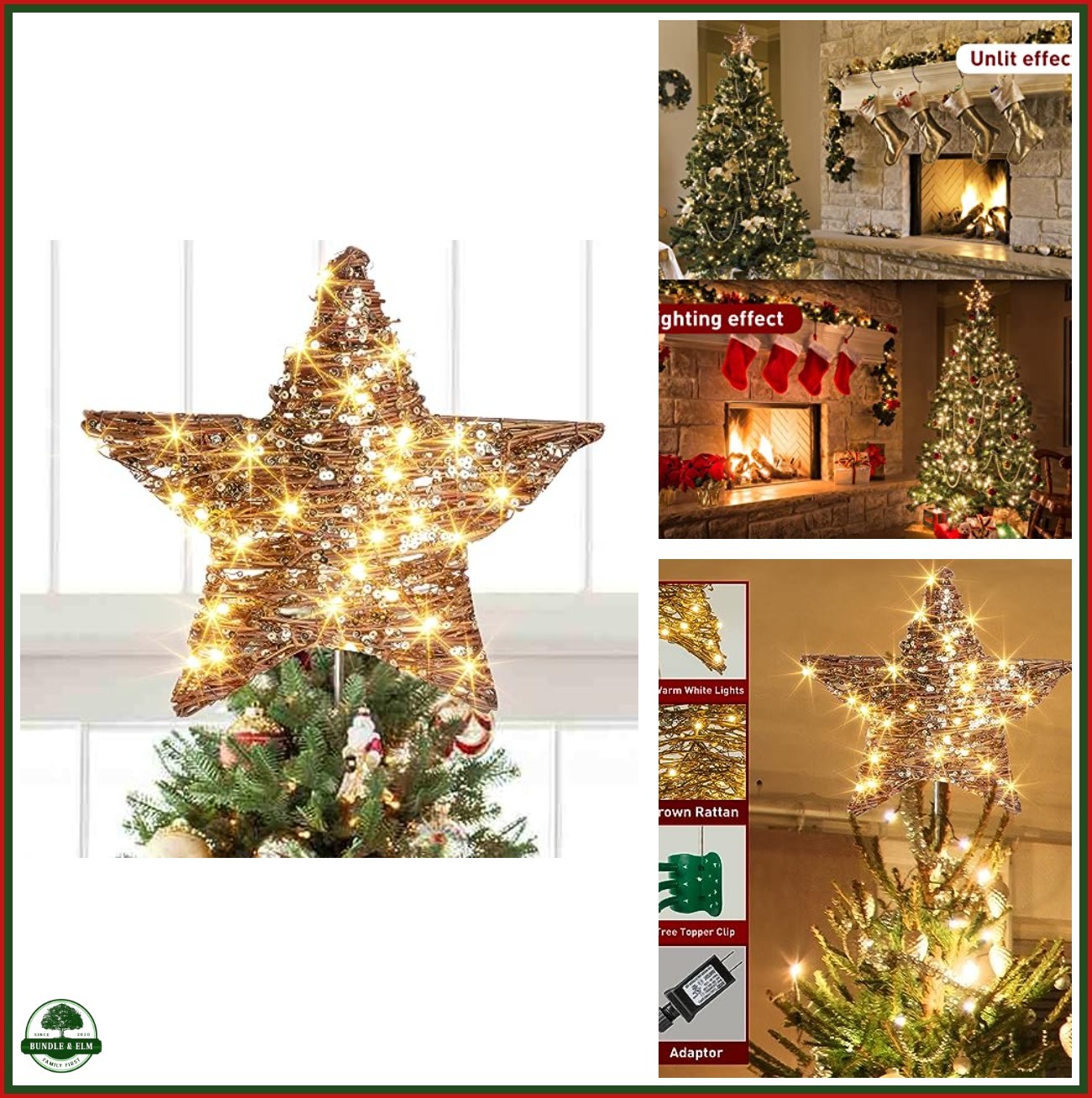 EAMBRITE 14” 40 LED Christmas Rattan Tree Topper Lighted Star Topper