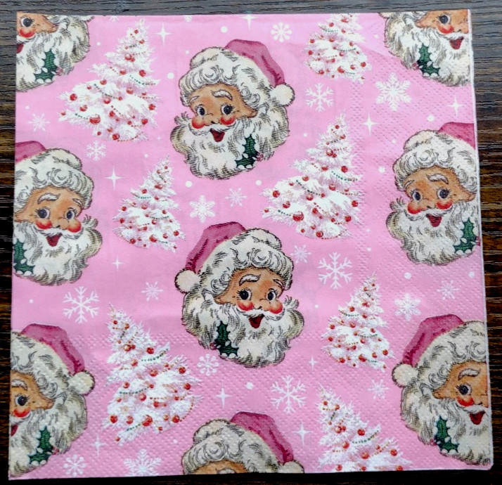 VINTAGE PINK SANTA & TREE ALL OVER PRINT ~ 2 Luncheon Decoupage Paper Napkins VINTAGE PINK SANTA & TREE ALL OVER PRINT ~ 2 Luncheon Decoupage Paper Napkins