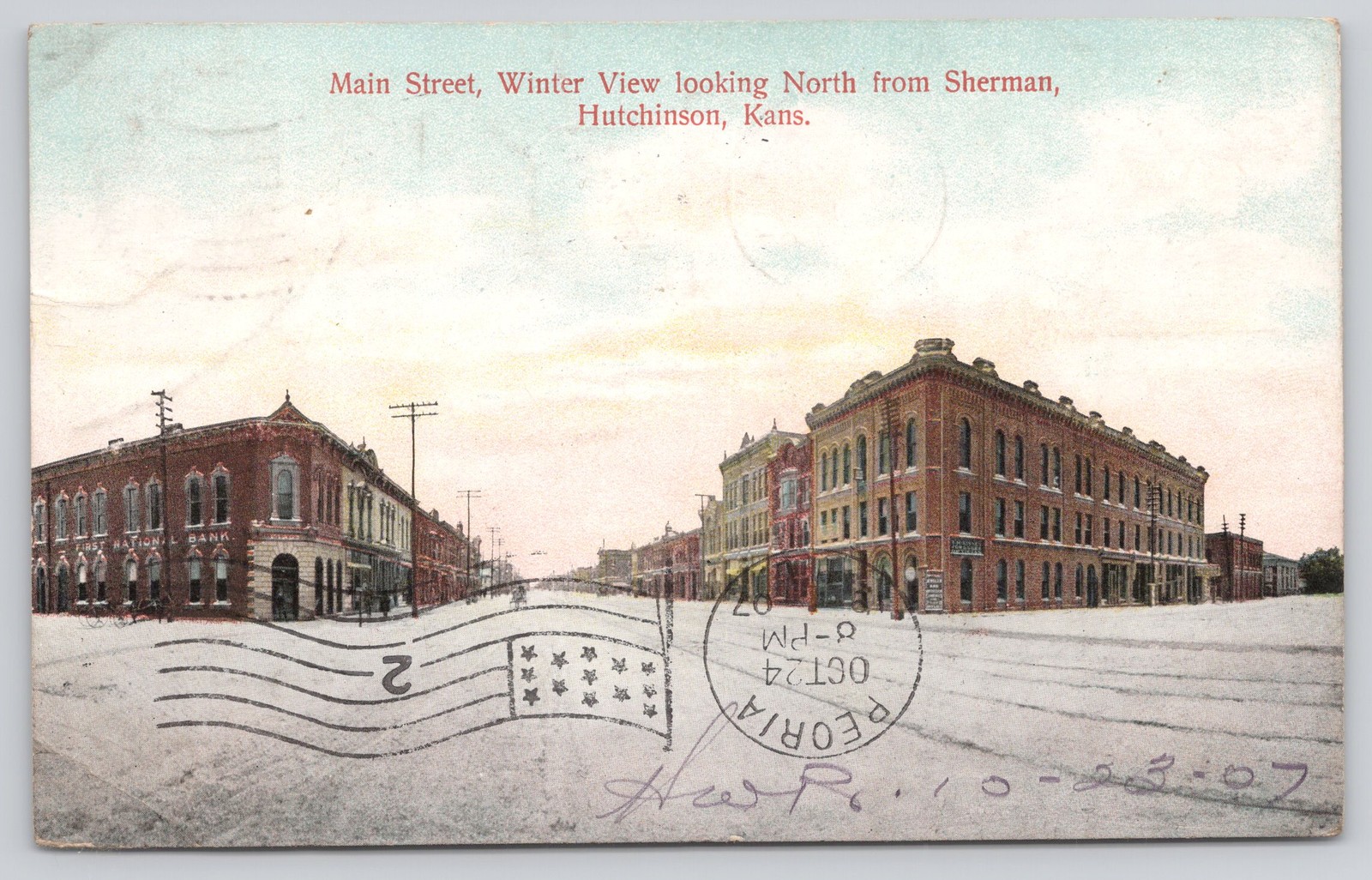 Main Street Hutchinson KS First National Bank 1907 Postmark Postcard Main Street Hutchinson KS First National Bank 1907 Postmark Postcard