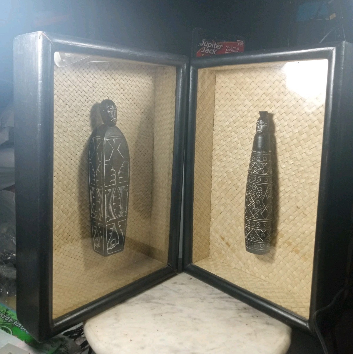 Vintage African Hand Carved Statues in Shadow Box Vintage African Hand Carved Statues in Shadow Box