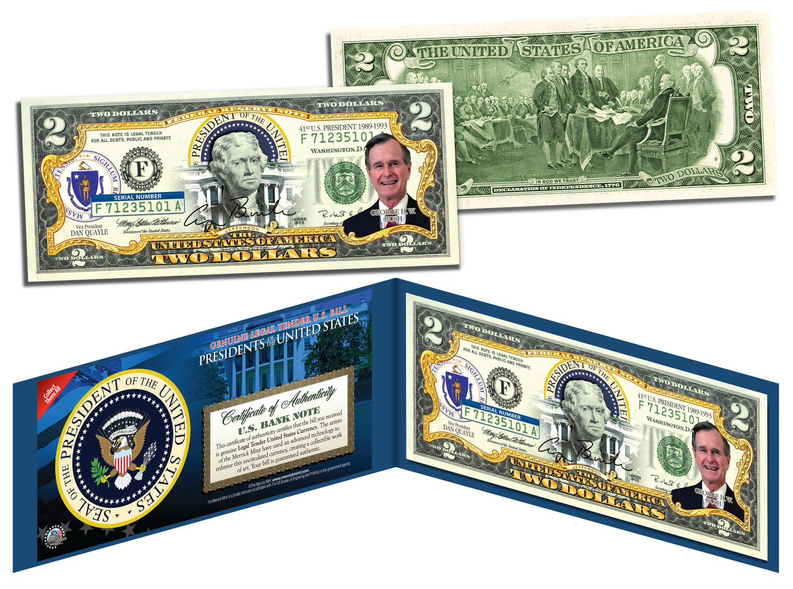 GEORGE H W BUSH * 41st U.S. President * Colorized $2 Bill - Genuine Legal Tender