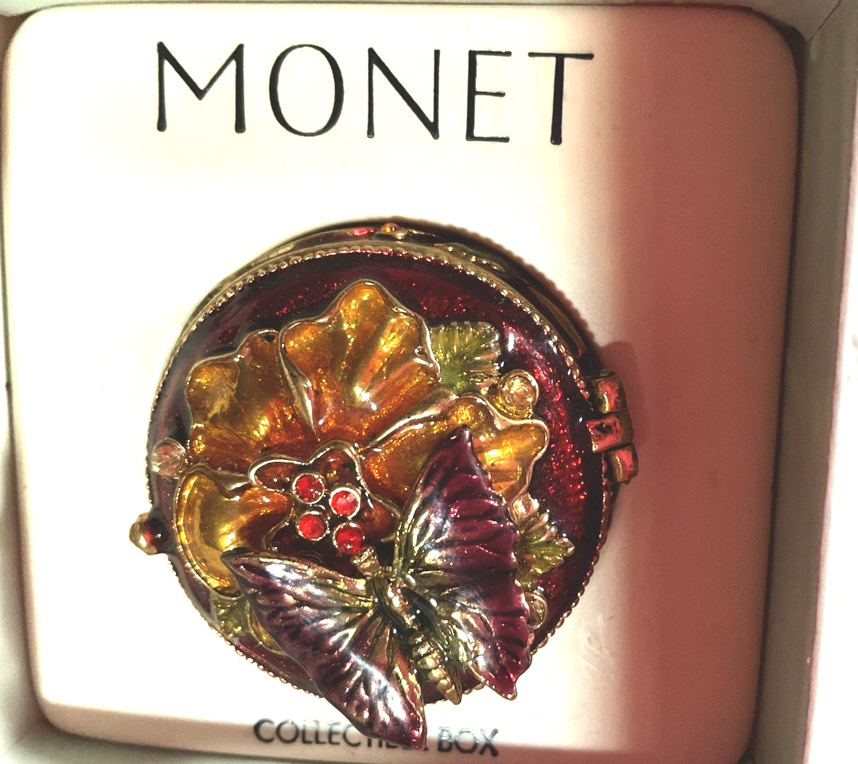 Monet Round Floral Trinket Box With Butterfly NIB Monet Round Floral Trinket Box With Butterfly NIB