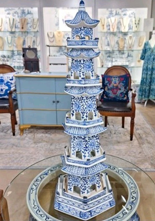 CHINOISERIE ORIENTAL PORCELAIN TALL PAGODA-30\'\'H