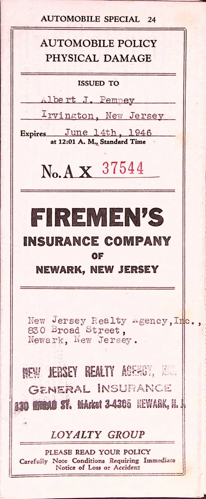 1946 Firemen\'s Insurance Co Automobile Policy Newark NJ Loyalty Group Ephemera