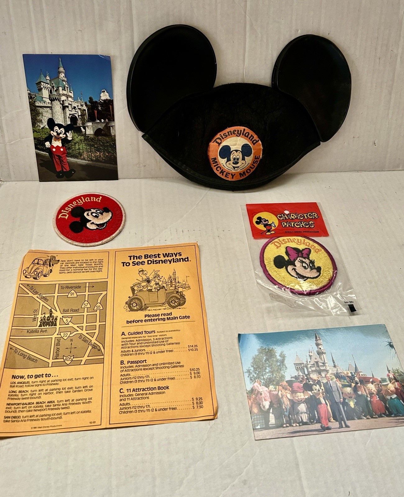 Lot of 6 Vntg DISNEYLAND 1980s Visit Mickey Ears, 2 Patches, 2 Postcards, Pk Map
