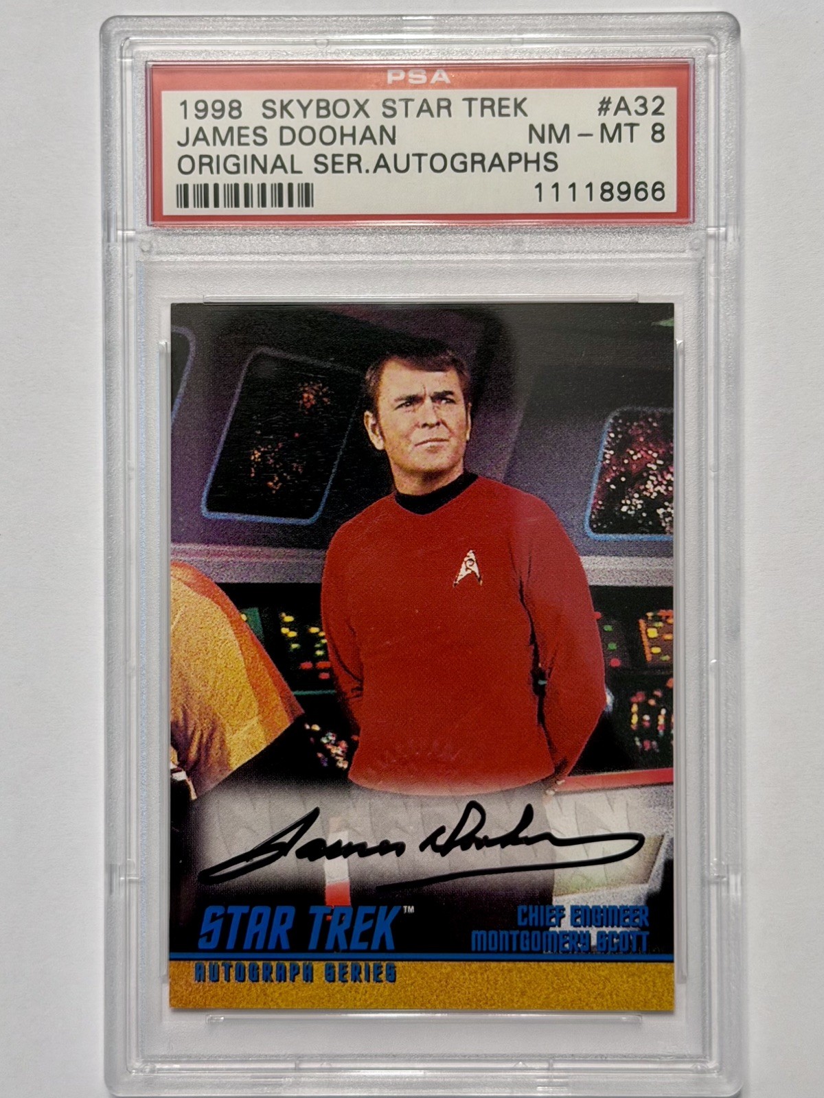 1998 Star Trek TOS James Doohan Scotty Auto Original Series Skybox Card PSA #A32 1998 Star Trek TOS James Doohan Scotty Auto Original Series Skybox Card PSA #A32