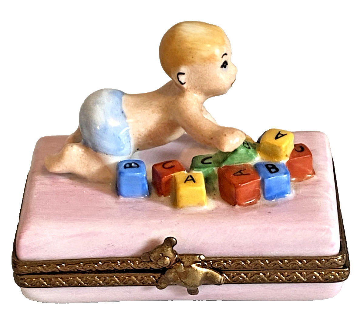 LIMOGES France PEINT MAIN Trinket Box-BABY PLAYING w/BLOCKS-PV MARQUE DEPOSEE