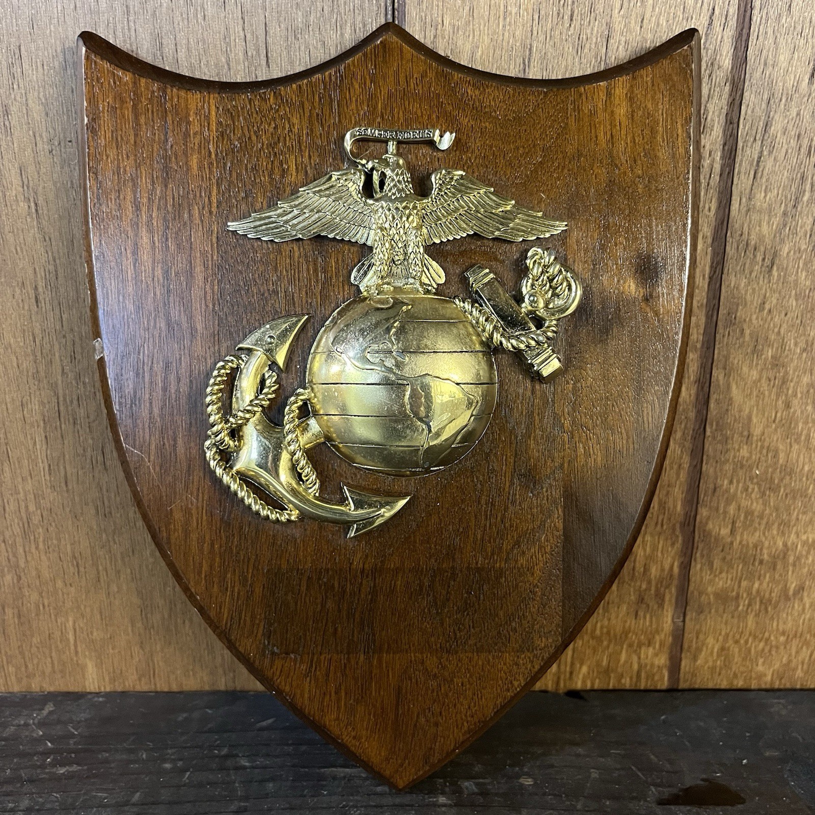 Vintage USMC Wood Walnut Shield Plaque Eagle Globe Anchor EGA Made In USA Semper Vintage USMC Wood Walnut Shield Plaque Eagle Globe Anchor EGA Made In USA Semper