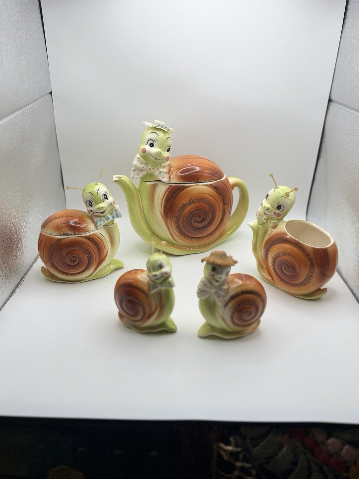 Vtg 1950s Enesco Snappy Snail 5pc Tea Set LOT - One Owner Estate Find - Rare