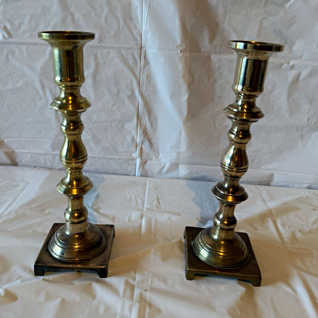 Vintage Solid Brass Candlesticks Pair Tall Square Base Traditional Candle Holder Vintage Solid Brass Candlesticks Pair Tall Square Base Traditional Candle Holder