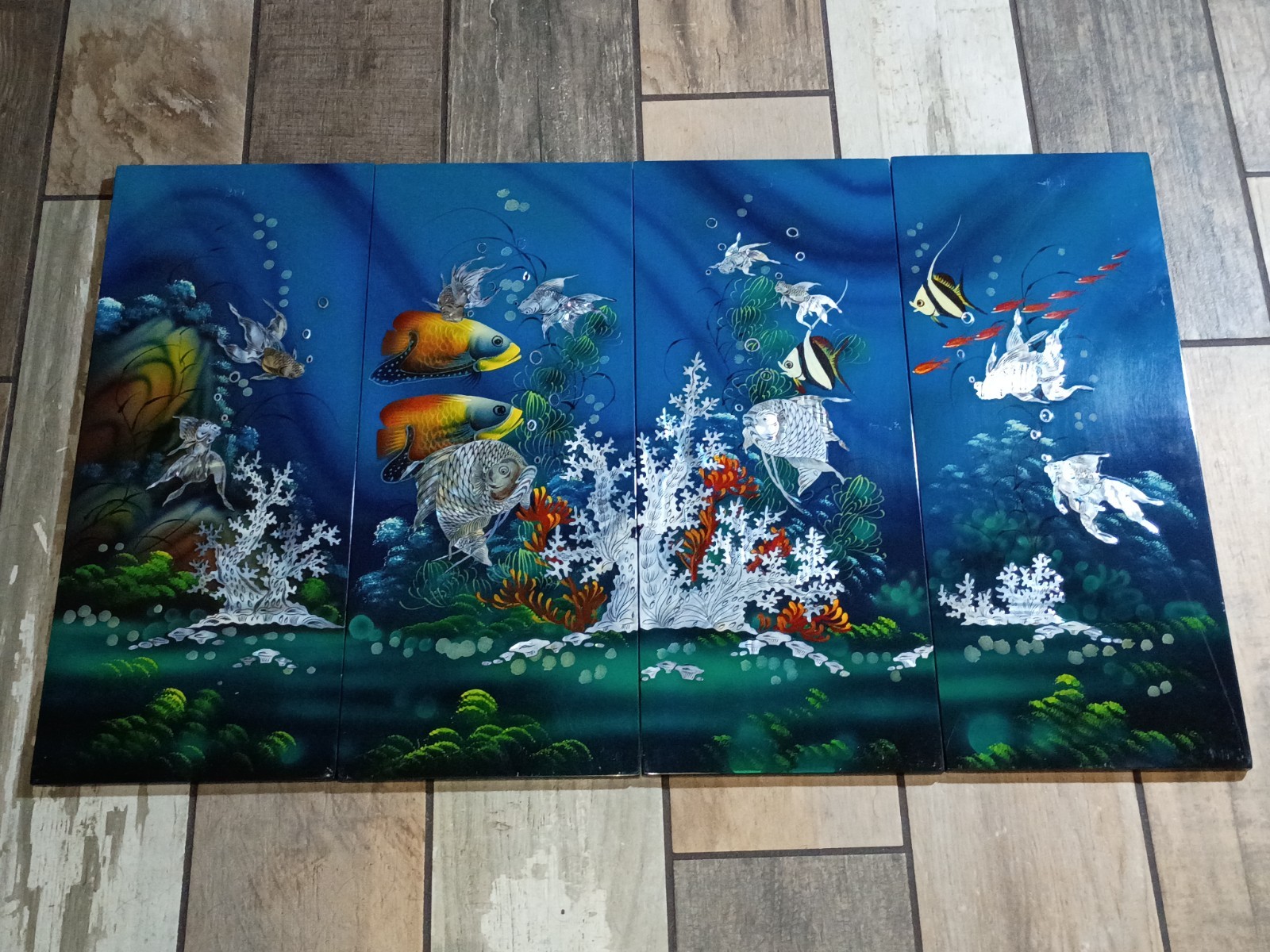 Set of 4 Vintage Vietnamese Fish Lacquer Panels Mother of Pearl Inlay Wall Art Set of 4 Vintage Vietnamese Fish Lacquer Panels Mother of Pearl Inlay Wall Art