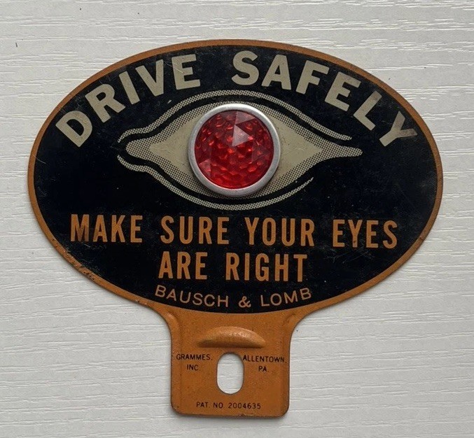 Vintage 1930s Bausch Lomb Drive Safely License Plate Topper Red Glass Reflector Vintage 1930s Bausch Lomb Drive Safely License Plate Topper Red Glass Reflector