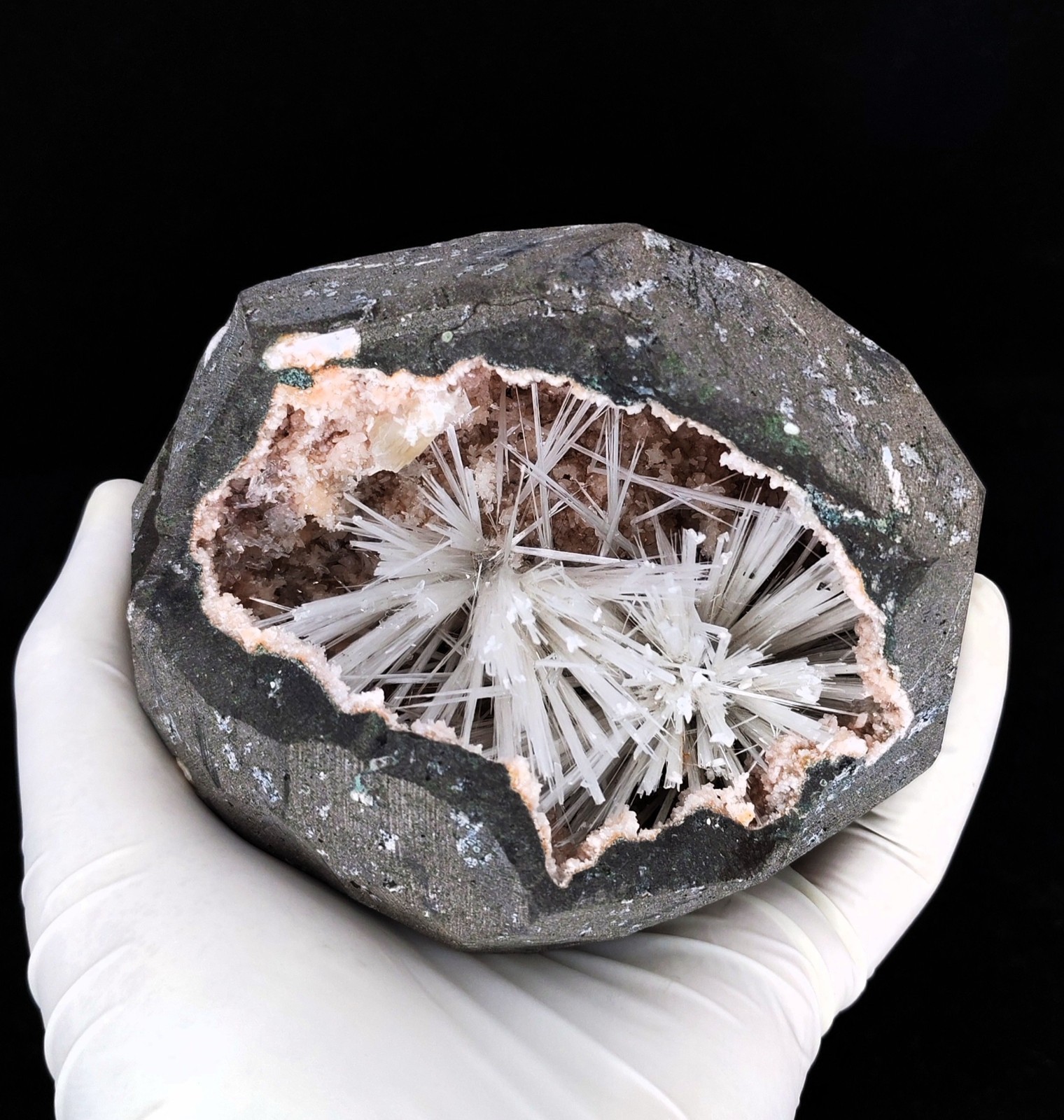 Superb Natural Scolecite On Heulandite In Geode Minerals Specimen#1353 Superb Natural Scolecite On Heulandite In Geode Minerals Specimen#1353