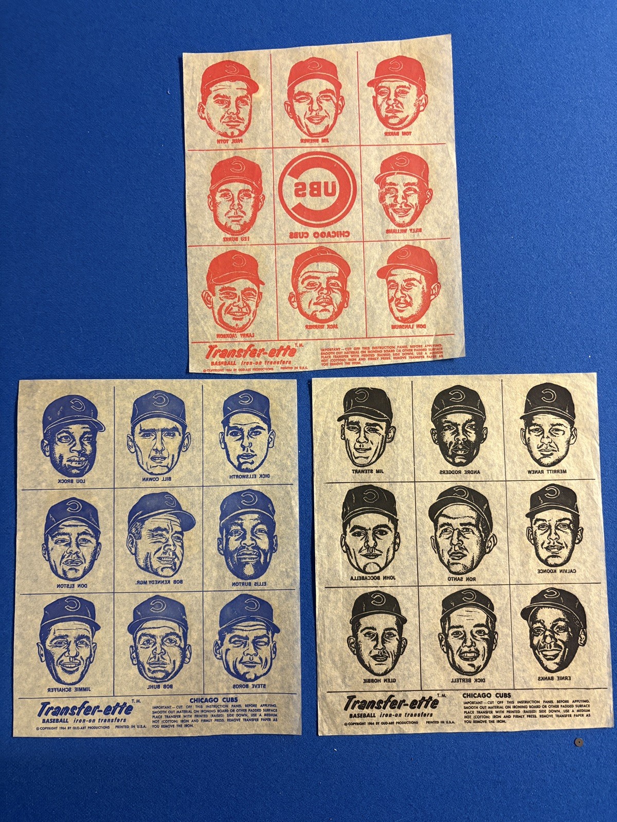 Vtg 1964 Chicago Cubs Transfer-ette Iron-on Transfers 3 Sheets Many HOF Players Vtg 1964 Chicago Cubs Transfer-ette Iron-on Transfers 3 Sheets Many HOF Players
